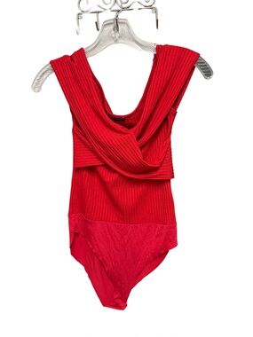 Zara Women's Small Red Ribbed Draped Ruffle Off Shoulder Bodysuit
